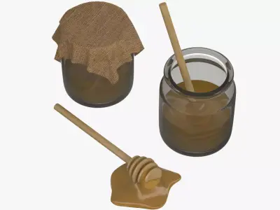 Honey in a pot and Wood Honey Dipper 3D model