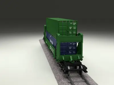 Green Train Well Car w Containers 3D model