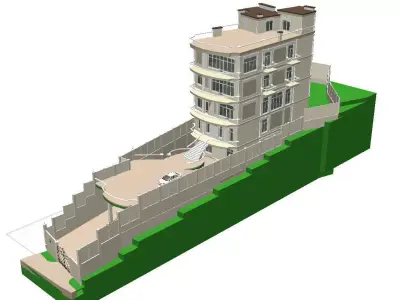 6 floor hotel with a complex terrain Low-poly 3D model