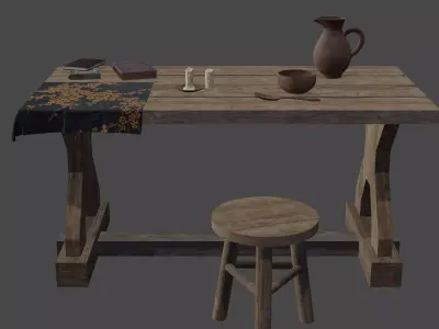 Medieval Wood Table with environment - Game ready 3D model Low-poly 3D model