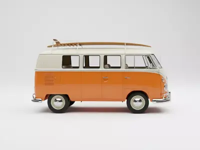 Classic Orange and White Volkswagen Bus with Surfboard Low-poly 3D model