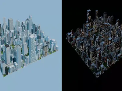 City Downtown Skyscraper Street 07 - DAY and NIGHT  Low-poly 3D model