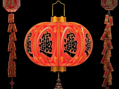 Chinese red lantern with firecracker 3D model