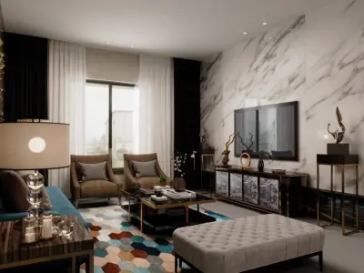 modern living room and kitchen interior design with furniture 3D model