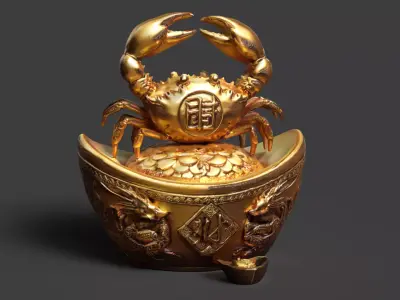 Chinese gold ingot with crab Low-poly 3D model