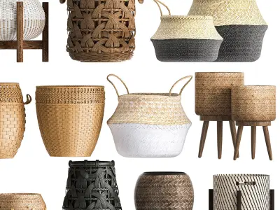 Basket Collection  Wicker  Rattan White Baskets 3D model