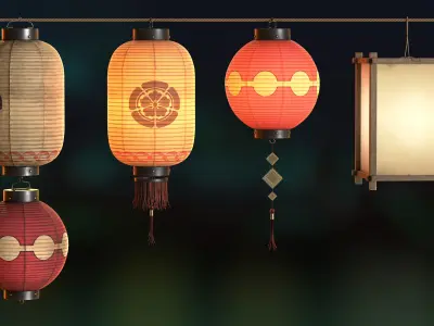 Japanese Lanterns Set Low-poly 3D model