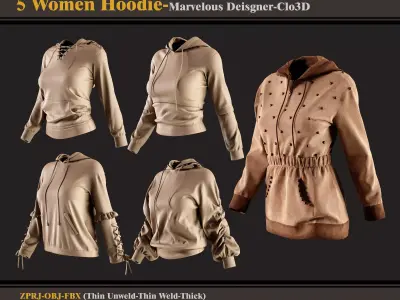 5 Women Hoodies -MD-Clo3D -ZPRJ - FBX - OBJ 3D model