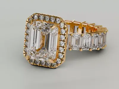 Emerald Cut Diamond Ring with Halo and Diamond Band 3D Model Free 3D print model