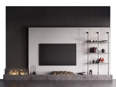 Decorated TV wall with fireplace - 5 3D model