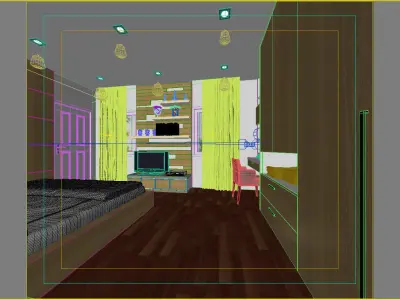 bedroom 1 with wooden floors and walls 3D model