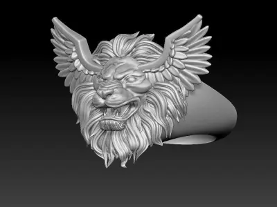 3D Printed Model of Lion Head Ring with Wings 3D print model