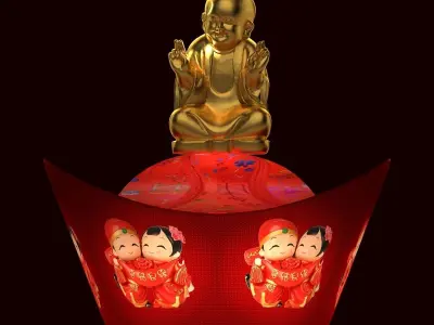 Chinese gold ingot lantern witn monk kid 3D model