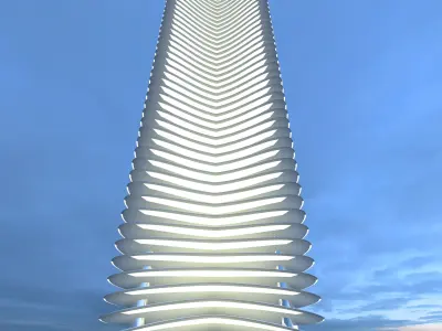 scyscraper futuristic structure in middle of body of water 3D model
