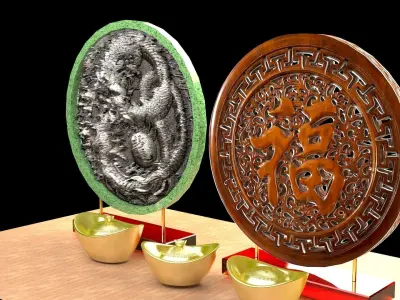 Chinese gold Ingot  with dragon  fu  3D model