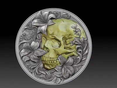 skull in flowers bass relief 3D print model