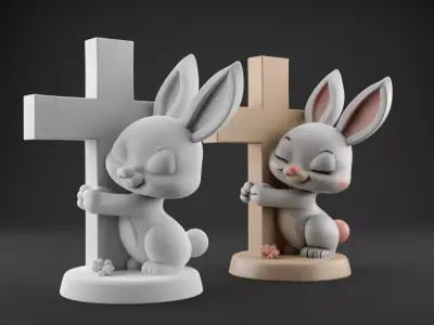 Easter Cute Bunny Hugging a Cross  playful  symbolic 1 3D print model