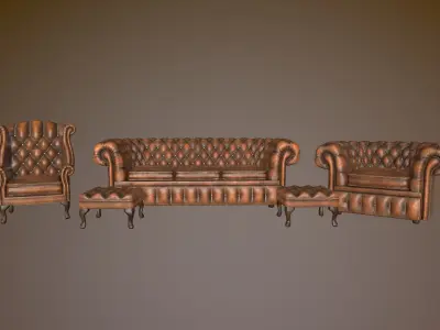 Chair Chesterfield Leather 4 Piece Suite Low-poly 3D model