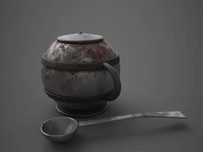Medieval Tavern Soup pot and Spoon Free low-poly 3D model