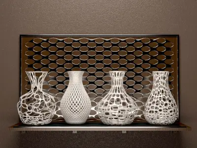 Vases 3d print four on wooden shelf 3D model