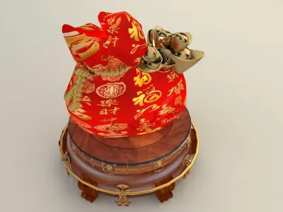Chinese gold ingot moneybag with display stand  3D model