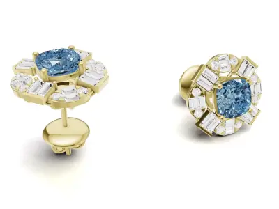 Cushion Colour Stone Stud with Baguette and Round Diamond 3D print model