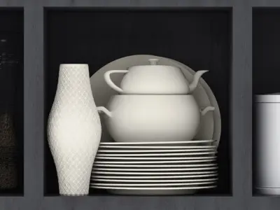 Kitchen set shelf filled with dishes and utensils 3D model