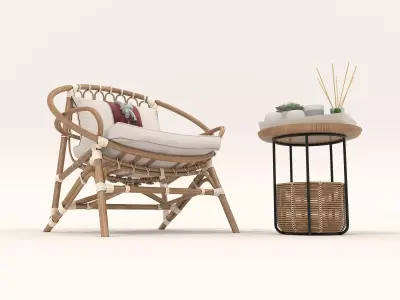 Rattan Coffee Table and Chair Set 4 3D model