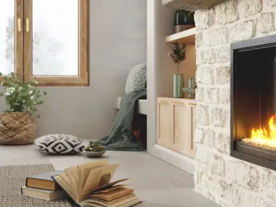 Realistic Bohemian Wall Design Arched Shelves Stone Fireplace  3D model