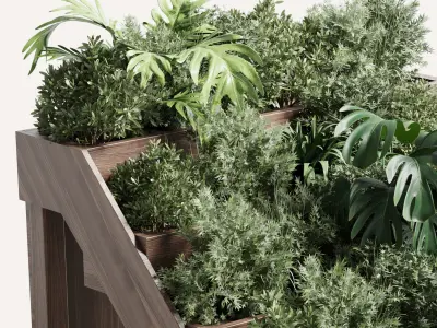 Collection outdoor plant stairs wooden vase pot fern bush  Low-poly 3D model