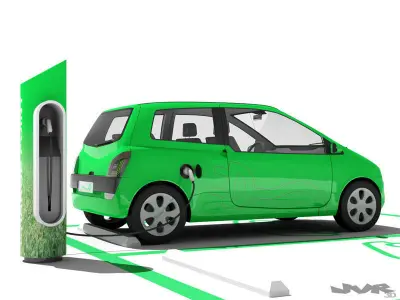 Electric Car and Charging Post 3D model