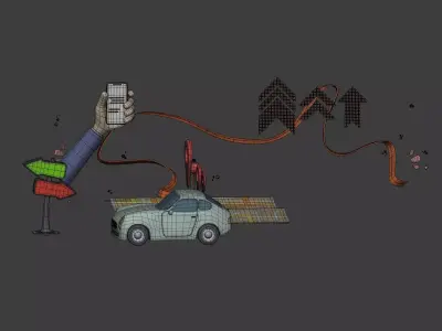 Cartoon Scene - Car Icon Map Hand Smartphone Direction Cursor AD Low-poly 3D model