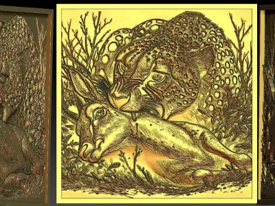1 leopard hunting deer CNC Relief 3D print model