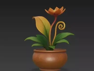 Stylized gOLD Fantasy Plant - Flower in Ornate Terra Cotta Pot 3D model
