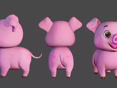 Rigged Pink Stylized Farm Pig Low-poly 3D model
