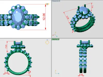 Oval solitare with halo with matching weeding band 3D print model
