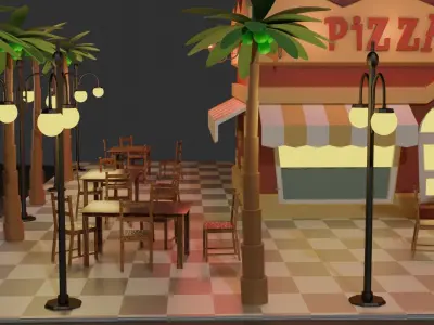 Resturant building with lights on street Low-poly 3D model