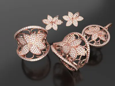 Gold and Diamond Jewelry Collection Ring Pendant Earrings 3D print model