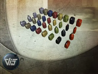 PBR Canisters three different colored water cans on sidewalk Low-poly 3D model