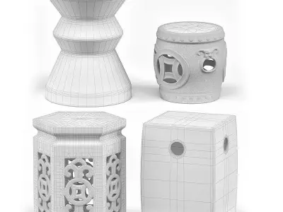 Ceramic Garden Stools Set 04 3D model