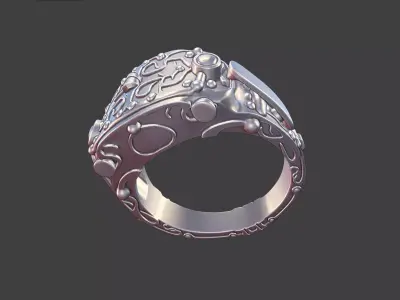 ornate masculine industrial style silver ring 3D print model