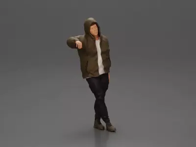 man leaning against the car wearing an open jacket with hood 3D print model