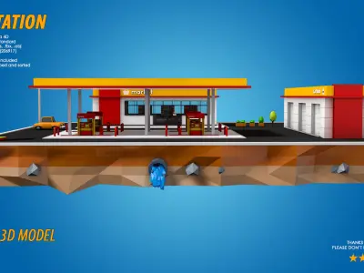 Low Poly Gas Station Market and Car Wash Low-poly 3D model