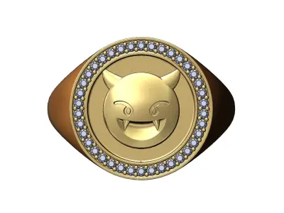 Diamond devil emoji round signet ring US sizes 7 to 11 3D print model