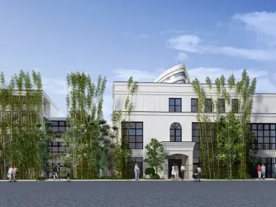 RESTAURANT exterior of building with bamboo trees 3D model