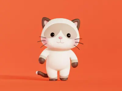 Cat Cartoon Character Rigged Animated Siamese Chibi Kawaii Low-poly 3D model