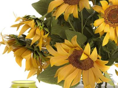 Bouquet Of Yellow Sunflowers In A Glass Vase 3D model
