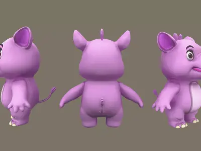 Rigged Pink Cute Playful Rhino Low-poly 3D model