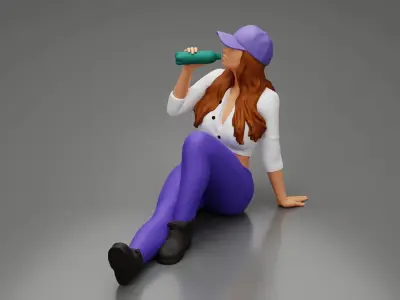 Tired woman mechanic in cap sitting and drinking water 3D print model