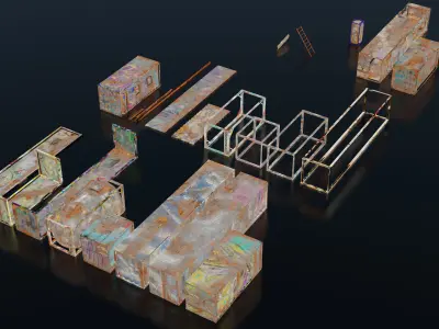 Post-Apocalyptic Kitbash Shipping Container Themed 60 pieces Low-poly 3D model